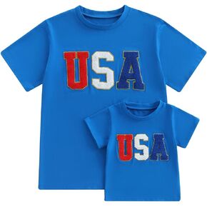 4TH of July Mommy and Me Matching Shirt Outfit Short Sleeve USA Embroidery Patriotic Independence Day T-Shirt Top