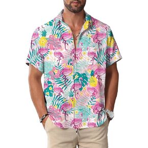Kyku Hawaiian Button Men Shirt: Summer Summer Short Sleeve Clothing: Flamingos Tropical Cloths Pink M