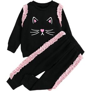 Girls' 2 Piece Set: Cat Print Sweatshirt with Pink Ruffled - Trim Pants 2-8 Years