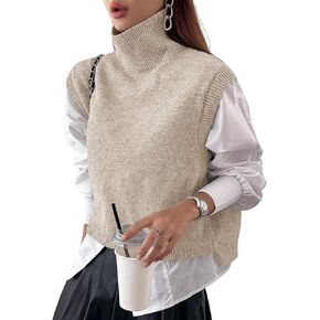 Women Turtleneck Crop Sweater Vest Sleeveless High Neck Solid Loose Fit Knitted Causal Jumper Top Streetwear in Kuwait