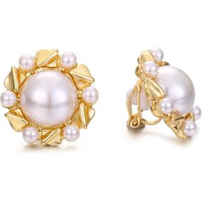 Big Pearl Clip On Earrings for Women Gold Flower Pearl Clip Earrings Wedding Party Prom Jewelry