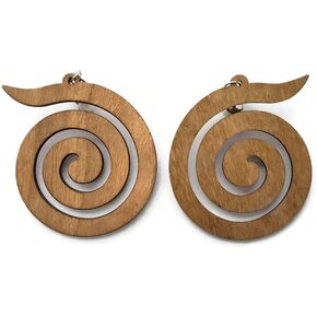 Circle Swirl Clip On Wood Dangle Earrings (Brown)