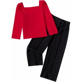 Hilinker Girls 2 Piece Outfits Toddler Cute Clothes Square Neck Puff Long Sleeve Top Wide Leg Pants Set