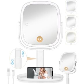 Allrose Professional 8 "LED مرآة مكياج مضاءة ، 2600 مللي أمبير في الساعة قابلة للشحن 1x/7x مرآة الغرور المكبرة ، 360 درجة من الجوانب مرآة مكتب كبيرة ، مرآة مكياج قابلة للتعديل قابلة للتعديل