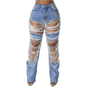 Lucuna Women's Rhinestone الممزق الجينز High Weist Boyist Boyist Straight Leat Pearl Pants Denim Denim