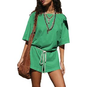 Yeokou Women's Casual Cotton Romper Short Sleeve Round Neck Tie Waist Summer Vacation Jumpsuit