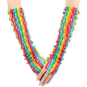 mdgfge Rainbow Fingerless Fishnet Gloves Colorful Long Arm Sleeves Gloves Hollow Out Elastic Sexy Gloves Goth Cosplay Accessories for Women Rainbow Day Halloween Party Decor (1 Pairs)