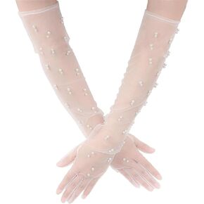 Pearl Gloves Women Long Tulle Wedding Bridal Gloves Bridal Opera Party Pearl White Gloves for Women Girls Show Wedding Halloween Cosplay Accessories 1 Pair