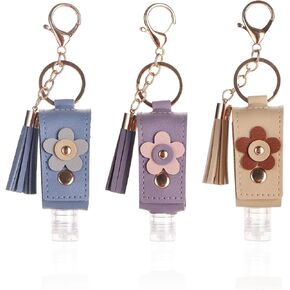 3 PACKS Hand Sanitizer Keychain, 30ml Refillable Portable Leather Hand Sanitizer Holder Travel Size for Toiletry Lotion Liquid Soap Shampoo (Blue、Purple、Khaki)
