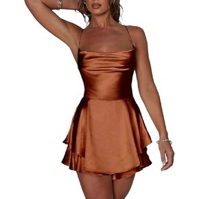 Women Sexy Dress Backless Short Romper Cowl Neck Tie Ruffle Layer Spaghetti Strap Jumpsuit Mini Dress