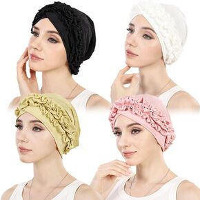 4 Pieces Floral Turban Hats for Women - Solid Ruffle Headwraps Cap pre-Tied Chemo Headwear for Cancer Hair Cover