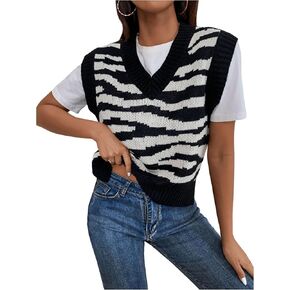 Makemechic Women's Striped V Vest سترة سترة سترة بلا أكمام متماسكة أعلى