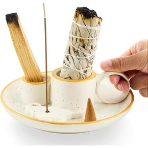 التوق إلى 4 في 1 موقد البخور ل Palo Santo ، Sage & Pisense Sticks - 5.9 "صينية الرماد السيراميك مع وعاء تلطيخ باليد ، ديكور المنزل اليوغا التأمل (ذهبية)