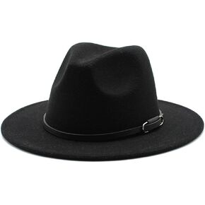 Women Classic Felt Fedora Hat Wide Brim Wool Panama Hat Jazz Cap with Belt Buckle (Black)