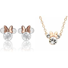 Disney Minnie Mouse April Birthstone Two Tone Silver Plated Stud Earrings and Rose Gold Flash Plated Pendant Necklace Bundle