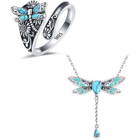 Ejalen-925 Sterling Silver Vintage Turquoise Dragonfly Sunflower spoon Ring و Turquoise Dragonfly Necklace