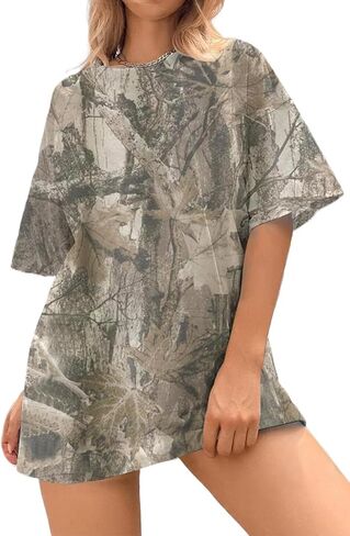 Camo Print Oversized T Shirts for Women Short Sleeve Graphic Print Crew Neck Baggy Shirts Cute Tunic Tee Tops in Kuwait