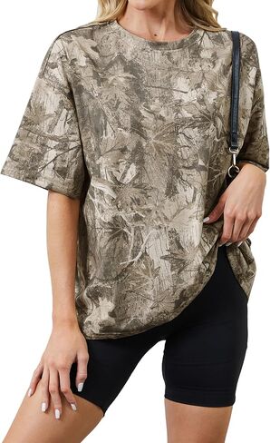 Camo Print Oversized T Shirts for Women Short Sleeve Graphic Print Crew Neck Baggy Shirts Cute Tunic Tee Tops in Kuwait