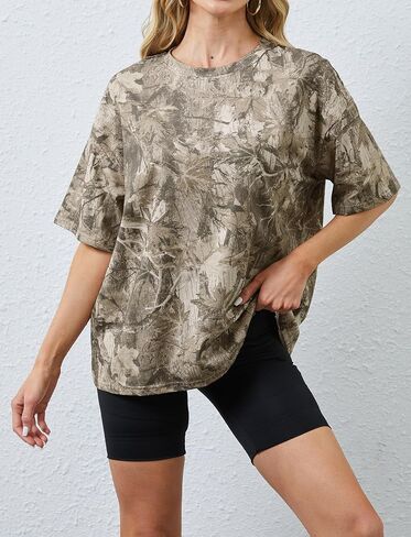 Camo Print Oversized T Shirts for Women Short Sleeve Graphic Print Crew Neck Baggy Shirts Cute Tunic Tee Tops in Kuwait