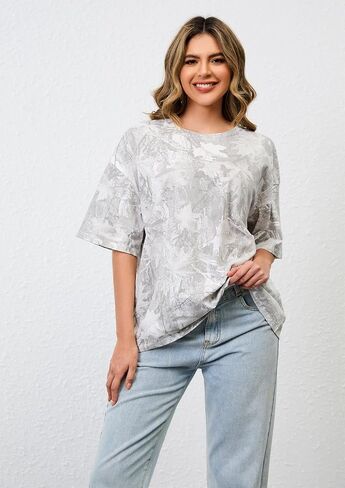 Camo Print Oversized T Shirts for Women Short Sleeve Graphic Print Crew Neck Baggy Shirts Cute Tunic Tee Tops in Kuwait