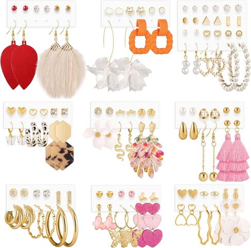 Earrings Set for Women Girls, Funtopia 61 Pairs Fashion Tassel Earrings Acrylic Hoop Stud Drop Dangle Earrings for Birthday Party Gift, Assorted Styles and Colors in Saudi Arabia