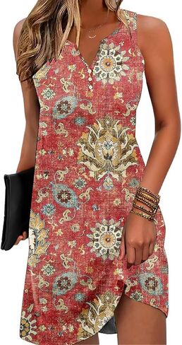 ETCYY Womens Sundresses for Beach Dress Vacation 2025 Boho Floral Printed Casual Button V Neck Sleeveless Summer Dresses in Saudi Arabia