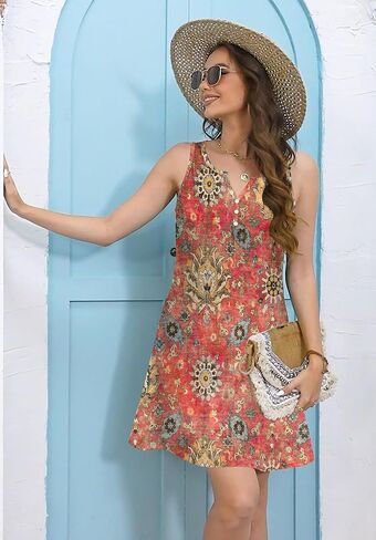 ETCYY Womens Sundresses for Beach Dress Vacation 2025 Boho Floral Printed Casual Button V Neck Sleeveless Summer Dresses in Saudi Arabia