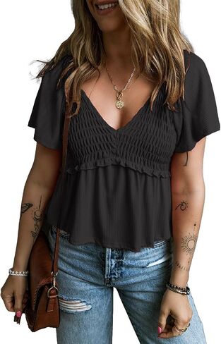 Women Short Flutter Sleeve V Neck Pleated T Shirts Casual Solid Slim Fit Blouse Tops in Saudi Arabia