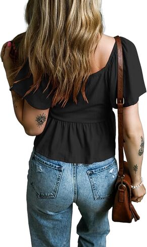 Women Short Flutter Sleeve V Neck Pleated T Shirts Casual Solid Slim Fit Blouse Tops in Saudi Arabia