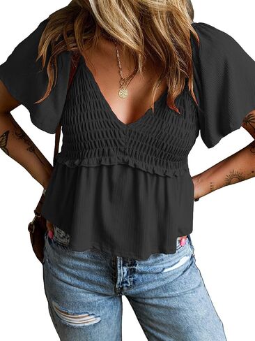 Women Short Flutter Sleeve V Neck Pleated T Shirts Casual Solid Slim Fit Blouse Tops in Saudi Arabia