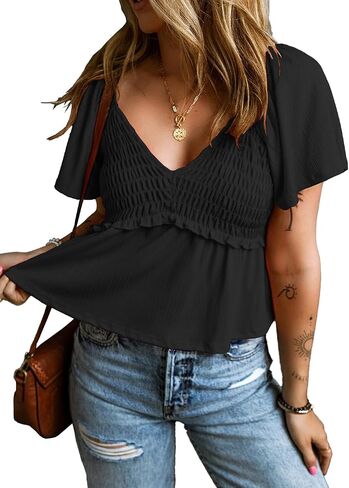 Women Short Flutter Sleeve V Neck Pleated T Shirts Casual Solid Slim Fit Blouse Tops in Saudi Arabia