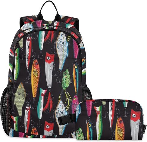 Emelivor Colorful Fishing Frish Frusts حقيبة ظهر للبنات فتيان سقيفة الكتب مع صندوق غداء معزول لمدرسة ما قبل المدرسة الابتدائية على ظهر مدرسة المدرسة الابتدائية in Kuwait