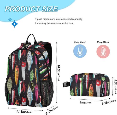 Emelivor Colorful Fishing Frish Frusts حقيبة ظهر للبنات فتيان سقيفة الكتب مع صندوق غداء معزول لمدرسة ما قبل المدرسة الابتدائية على ظهر مدرسة المدرسة الابتدائية in Kuwait