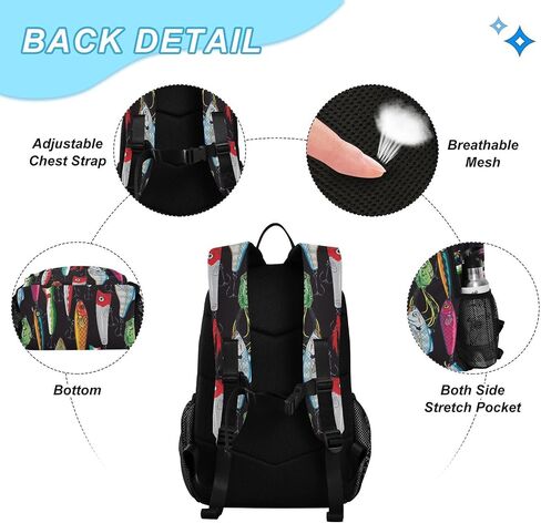 Emelivor Colorful Fishing Frish Frusts حقيبة ظهر للبنات فتيان سقيفة الكتب مع صندوق غداء معزول لمدرسة ما قبل المدرسة الابتدائية على ظهر مدرسة المدرسة الابتدائية in Kuwait