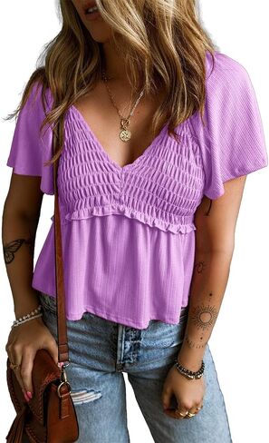 Women Short Flutter Sleeve V Neck Pleated T Shirts Casual Solid Slim Fit Blouse Tops in Saudi Arabia