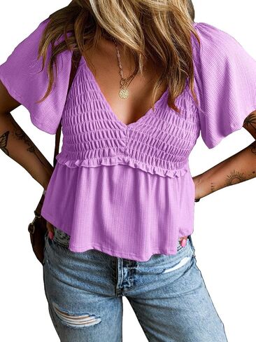Women Short Flutter Sleeve V Neck Pleated T Shirts Casual Solid Slim Fit Blouse Tops in Saudi Arabia