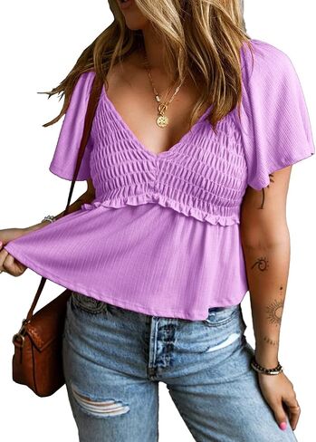 Women Short Flutter Sleeve V Neck Pleated T Shirts Casual Solid Slim Fit Blouse Tops in Saudi Arabia
