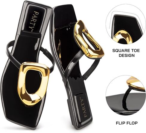 PARTY Square Toe Flip Flops Women,Fashion Designer Thong Sandals with Gold Buckle Trendy Summer Comfort Flat Sandals in Saudi Arabia