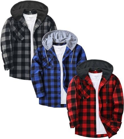 Zity 3 Pack Men Flannel Hoodie قمصان طويلة الأكمام الطويلة الزر خمر أسفل سترة قميص منقوشة مع جيب in Saudi Arabia