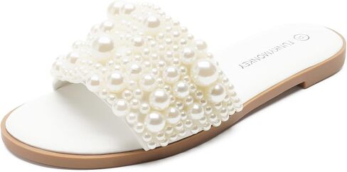 FUNKYMONKEY Women's Pearls Flat Sandals Slip-on Open Toe Dressy Summer Beach Casual Slide in Saudi Arabia