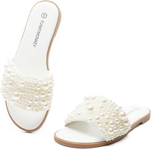 FUNKYMONKEY Women's Pearls Flat Sandals Slip-on Open Toe Dressy Summer Beach Casual Slide in Saudi Arabia