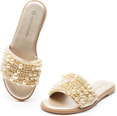 FUNKYMONKEY Women's Pearls Flat Sandals Slip-on Open Toe Dressy Summer Beach Casual Slide in Saudi Arabia