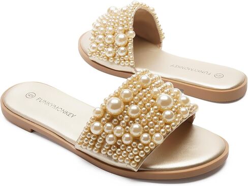 FUNKYMONKEY Women's Pearls Flat Sandals Slip-on Open Toe Dressy Summer Beach Casual Slide in Saudi Arabia