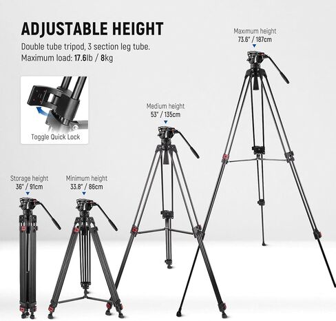 NEEWER 74" Pro Video Tripod with Fluid Head, All Metal Heavy Duty QR Plate Compatible with DJI RS Gimbals Manfrotto, Flexible 360° Pan&+90°/-75° Tilt with Adjustable Damping Max Load 22lb/10kg, TP75 in Kuwait