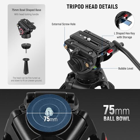 NEEWER 74" Pro Video Tripod with Fluid Head, All Metal Heavy Duty QR Plate Compatible with DJI RS Gimbals Manfrotto, Flexible 360° Pan&+90°/-75° Tilt with Adjustable Damping Max Load 22lb/10kg, TP75 in Kuwait