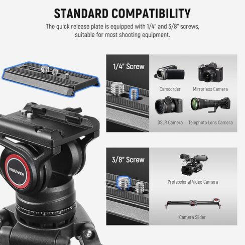 NEEWER 74" Pro Video Tripod with Fluid Head, All Metal Heavy Duty QR Plate Compatible with DJI RS Gimbals Manfrotto, Flexible 360° Pan&+90°/-75° Tilt with Adjustable Damping Max Load 22lb/10kg, TP75 in Kuwait