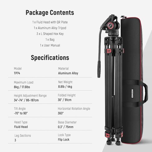 NEEWER 74" Pro Video Tripod with Fluid Head, All Metal Heavy Duty QR Plate Compatible with DJI RS Gimbals Manfrotto, Flexible 360° Pan&+90°/-75° Tilt with Adjustable Damping Max Load 22lb/10kg, TP75 in Kuwait
