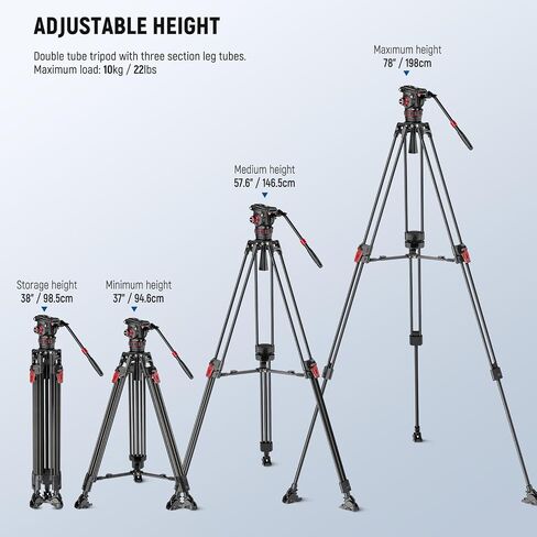 NEEWER 74" Pro Video Tripod with Fluid Head, All Metal Heavy Duty QR Plate Compatible with DJI RS Gimbals Manfrotto, Flexible 360° Pan&+90°/-75° Tilt with Adjustable Damping Max Load 22lb/10kg, TP75 in Saudi Arabia