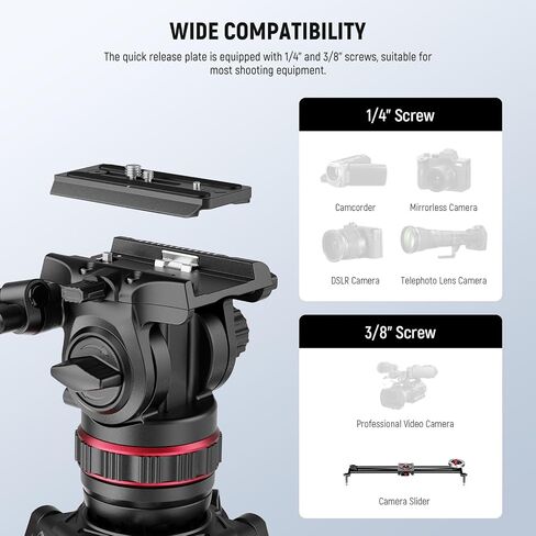 NEEWER 74" Pro Video Tripod with Fluid Head, All Metal Heavy Duty QR Plate Compatible with DJI RS Gimbals Manfrotto, Flexible 360° Pan&+90°/-75° Tilt with Adjustable Damping Max Load 22lb/10kg, TP75 in Saudi Arabia