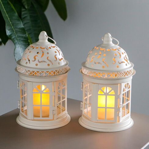 JHY DESIGN Set of 2 Decorative Lanterns-8.5inch High Vintage Style Hanging Lantern Metal Candle Holder for Indoor Outdoor Events Parities and Weddings (Black) in Saudi Arabia